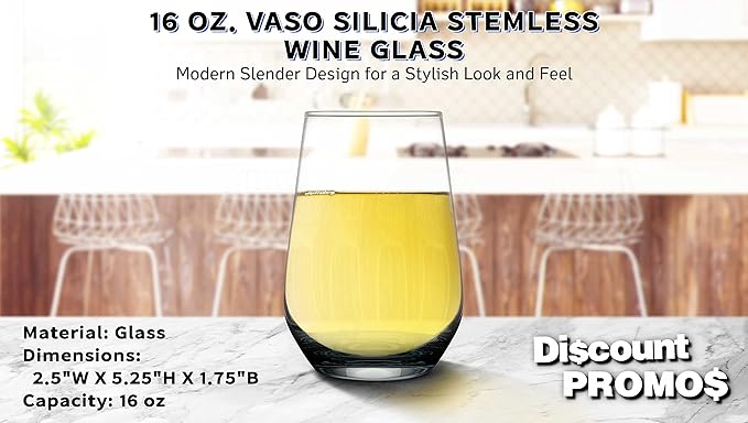 DISCOUNT PROMOS 10 Vaso Silicia Stemless Wine Glasses Set, 16 oz. - Clear, Orb-Like, Thick base - Black