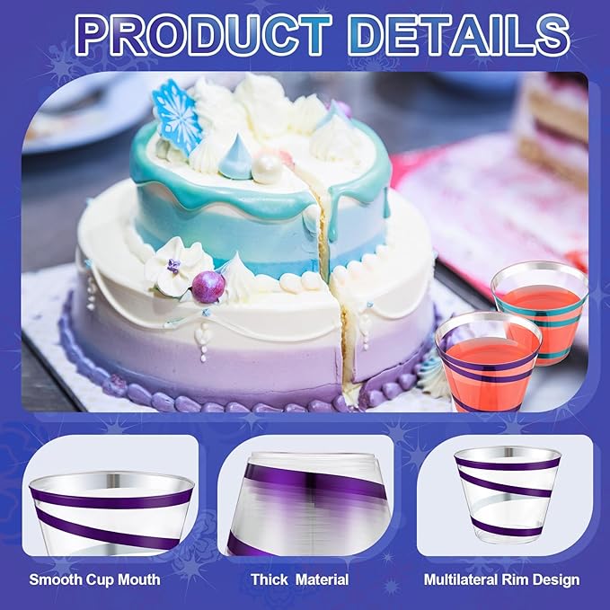Gejoy 9 oz Rimmed Swirl Plastic Cups Disposable Wine Drinking Cups Clear Elegant Halloween Tumblers for Christmas Party Supplies(Purple, Blue,100 Pcs)