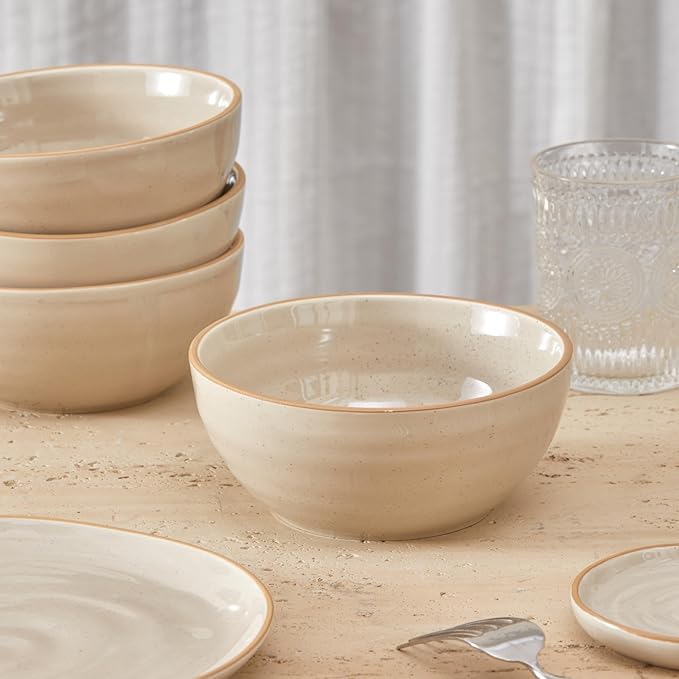 Bico Light Beige 24oz Stoneware Cereal Bowls Set, Set of 4, Microwave and Dishwasher Safe, for Cereal, Soup, Noodles