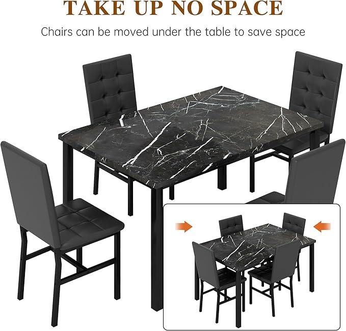 AWQM Dining Table Set for 4,Faux Marble Kitchen Table and Chairs Set of 4, Modern Dining Room Table Set for 4,Dinner Table with 4 Leather Chairs, Dinette Set for Small Spaces (Black&Black)