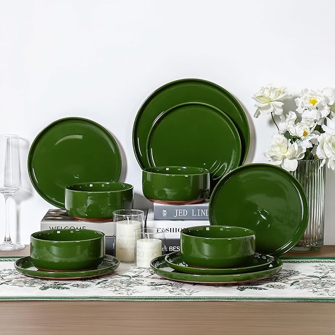 GZG Modern Art Series - 12 Pcs Speckled Stoneware Plates and Bowls Sets, Ceramic Dinnerware Set with Rustic Terracotta Underside, Microwave and Dishwasher Safe Handcrafted Dishes Set - Verdant Green