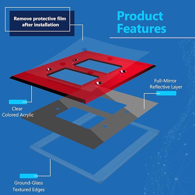 LIDER Reflective Acrylic Decorator Wall Plate, Mirrored Light Switch Plate, Plexiglass Outlet Cover, Acrylic Glass, Oversized 2-Gang 5.25" x 5.25", LWP-32O-ARD, Red