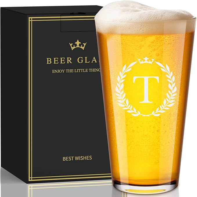 Personalized Beer Glasses Gifts for Men, 16 oz Pint Glasses Monogrammed A-Z Drinking Glass Cups Customized Gift, Unique Christmas Anniversary Birthday Gifts for Men Him Dad Brother Husband Grandpa (T)