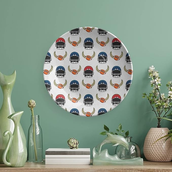 Decorative Plates, American Football Print Ornament, Rugby Championship Professional League Fun Game, 7 Inch, 1 Plate with 1 Display Stand, Multicolor