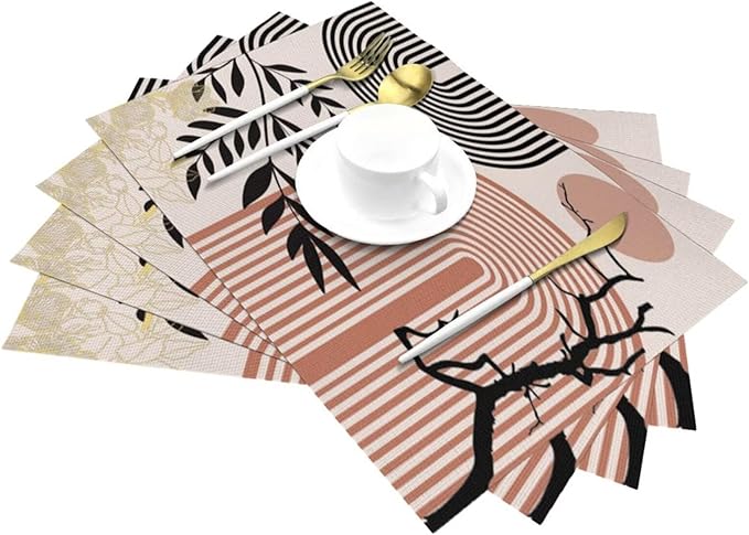 Abstract Mid Century Plant Placemats Boho Retro Tropical Palm Sun Arch Minimalist Modern Aesthetic Geometric Washable Place Mats 12x18Inch for Dining Kitchen Farmhouse Decor 4 PCS