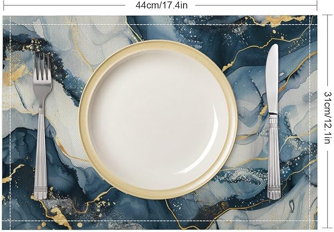 Marble Linen Placemats Set of 2, Modern Abstract Foil Stone Texture Gold Navy Blue Marble Washable Place Mats, Non Slip Placemat for Home Party Dining Tables Wedding Kitchen Banquets Decor 12x17 Inch