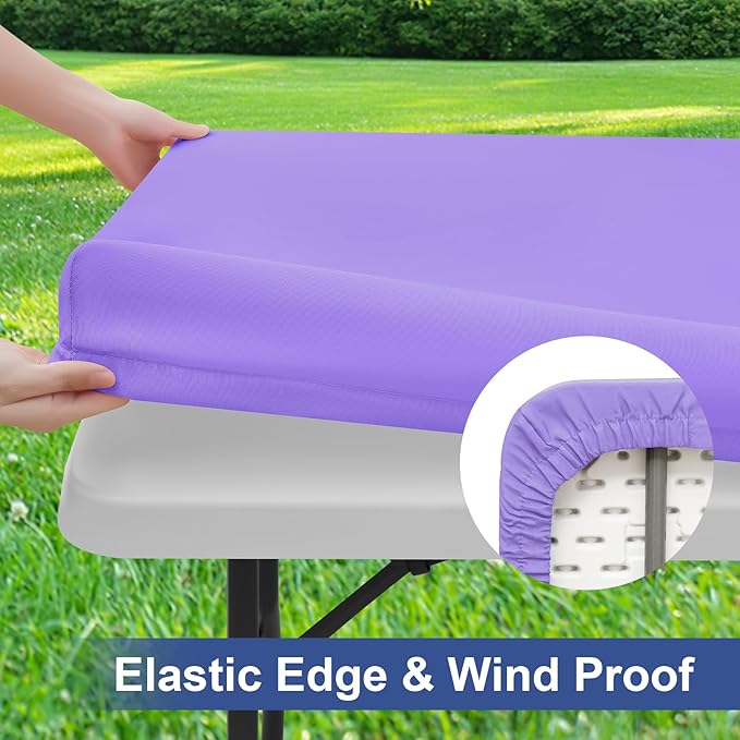 homing 2 Pack Rectangle Table Cloth, Elastic Fitted Fabric Tablecloth Fits for 4 Foot Folding Tables, Washable Table Cover for Picnic, Camping, Indoor & Outdoor (Lavender, 24" x 48")