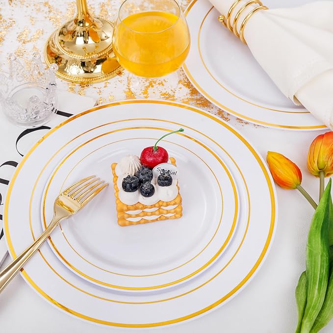 I00000 60 Pieces Gold Plastic Plates, Heavy Duty White and Gold Plastic Plates for 30 Guests Include: 30 Gold Rim Dinner Plates and 30 Gold Dessert Plates Perfect for Wedding & Party