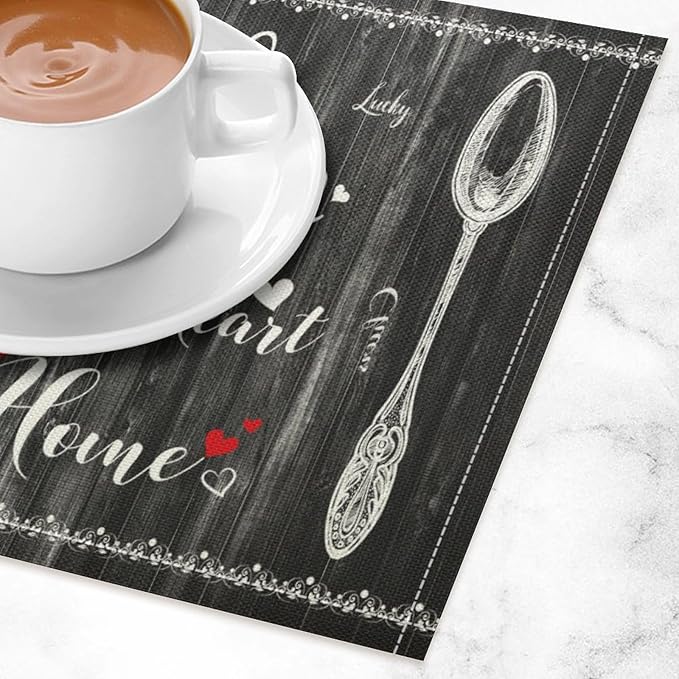 Vintage Farmhouse Placemat Set, Minimal Black White Rural Plank Art Sketch Cutlery Knife Fork Inspirational Quotes Pattern Home Decor Linen Table Mats for Dining Room Kitchen Party (17x12in) x6P