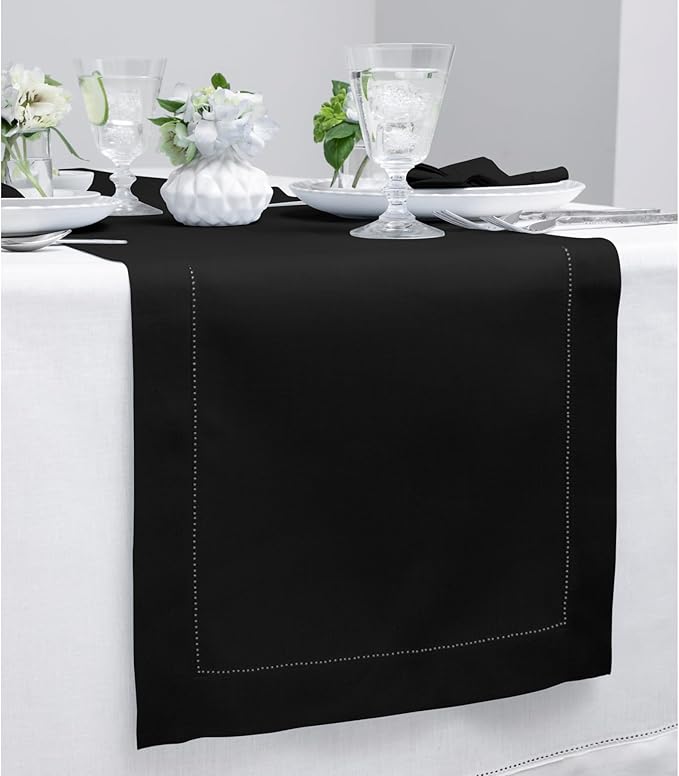 Solino Home Linen Black Table Runner 48 Inches - Classic Hemstitch, 100% Pure Linen Coffee Table Runner 14 x 48 Inch Ideal for Dresser Tables - Winter, Spring, Easter