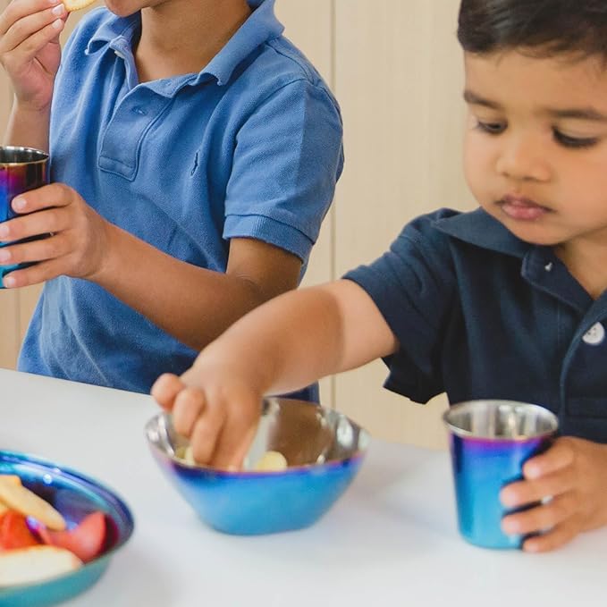 Ahimsa Stainless Steel Bowls for Kids, Durable Pediatrician Designed Toddler Snack Bowl, Premium Non Toxic Metal, Easy to Clean & Dishwasher Safe, Set of 4 Blue