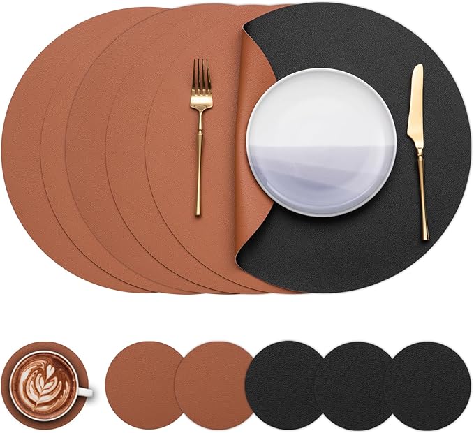 Myir JUN Round Placemats Set of 6 Faux Leather Place Mats and Coasters 15 inch Round Table Mats Dual Sided Non-Slip Stain Resistant Placemats (Black & Brown, Set of 6)