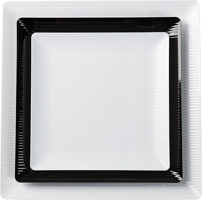 Exquisite Disposable-Black-Plastic-Plates-Square Linear (40 Pack) Wedding Dinner Fancy Tableware Dishes (10.25 Inch., Black) Single Size Set
