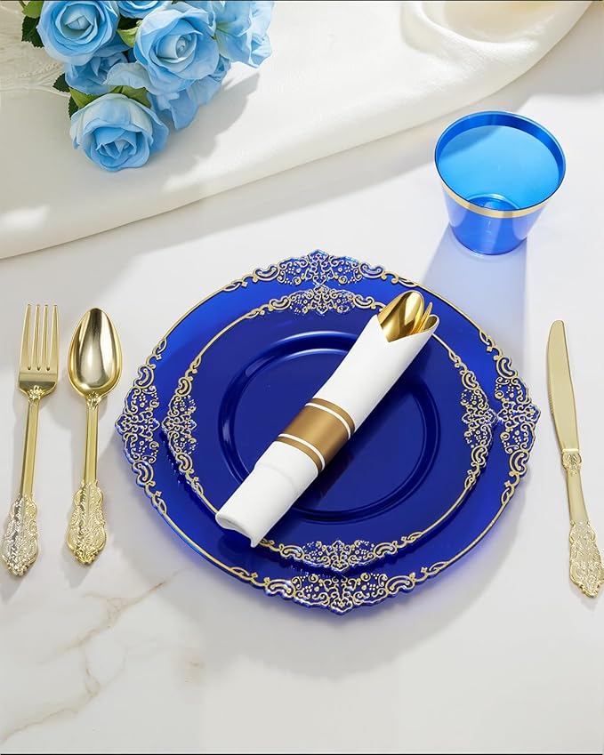 Goodluck 350 Piece Clear Blue Plastic Dinnerware Set for 50 Guests, Fancy Disposable Plates, Include: 100 Blue Rim Plastic Plates, 150 Silverwares, 50 Pre Rolled Napkins, 50 Cups for Party, Wedding