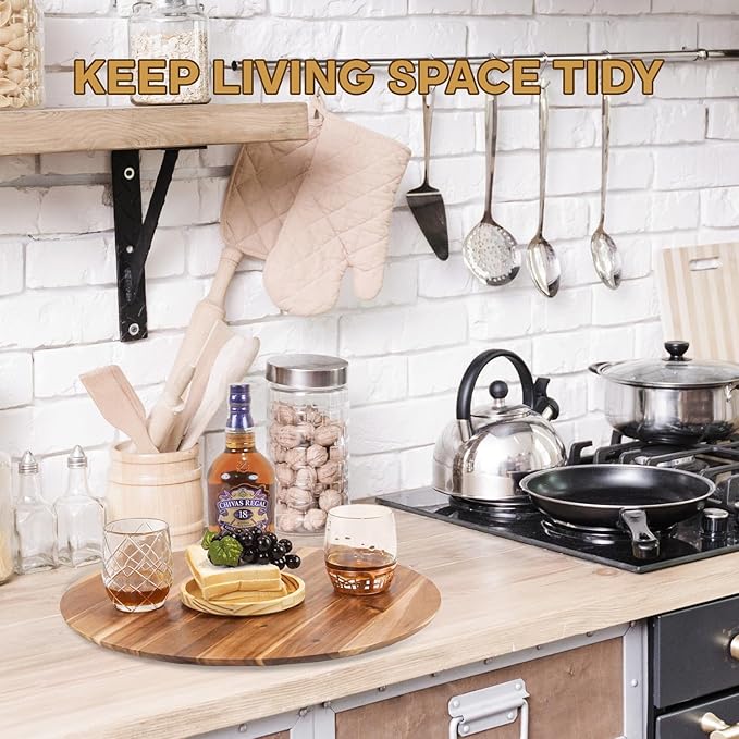 21" Acacia Wood Turntable Organizer | Lazy Susan for Table Top, Cabinet or Pantry | Wooden Rotating Tray for Kitchen Countertop, Durable, Easy to Clean, No Assembly Needed