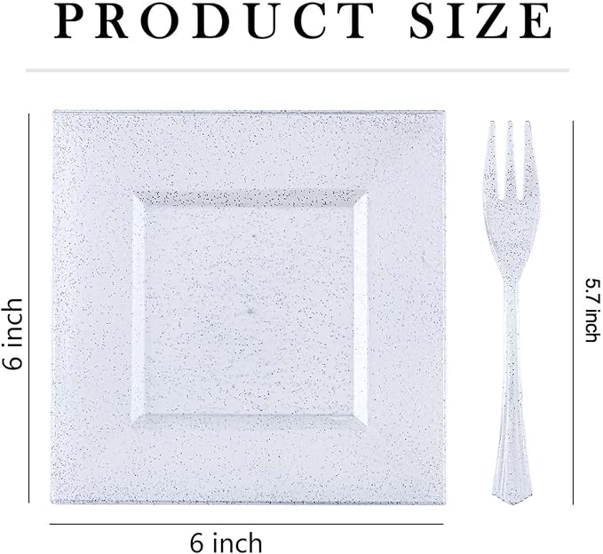 DaYammi 100Pcs Dessert Plates Set Including 50Pcs Cake Plates 6",50Pcs Plastic Forks 5.7",Silver Glitter Square Plastic plates for Party,Silver Appetizer plates and Forks for Wedding Party Birthday