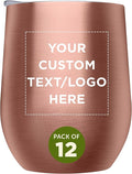 Custom Stemless Wine Glass Tumblers with Lids by Largo 11 oz. Set of 12, Personalized Bulk Pack - Perfect for Wine, Cocktails, Other Hot & Cold Beverages - Rose Gold