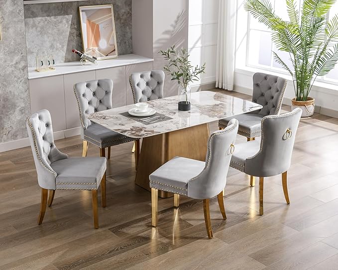 KCC Velvet Dining Chairs Set of 6, Upholstered High-end Tufted Dining Chair with Nailhead Back Ring Pull Trim Stainless Steel Legs, Contemporary Nikki Collection Modern Style for Kitchen, Light Gray