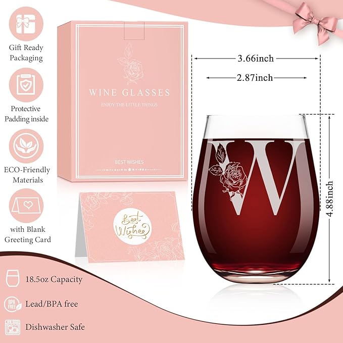 Valentines Day Gifts for Her, Gifts for Women Her Friend Mom Grandma Wife Sister Bridesmaid Nurse, Birthday Galentines Mothers Day Christmas, Personalized Initial Customized Wine Glasses 18OZ(W)