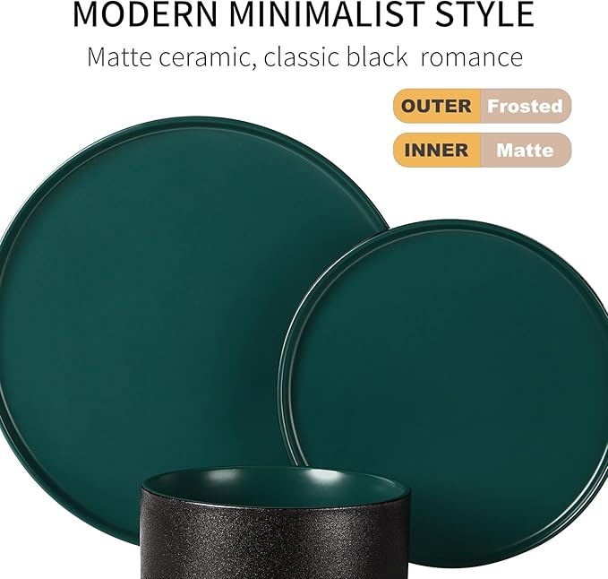 GZG Classic Series - Plates and Bowls Set for 2, 6 Piece Stoneware Dinnerware Sets, Microwave and Dishwasher Safe Lead-Free Handcrafted Ceramic Dishes Set - Malachite Green