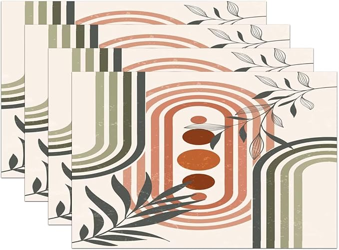 Mid Century Boho Sage Placemats, Abstract Bohemian Mid Century Plant Leaf Rainbow Dots Washable Place Mats 12x18Inch for Dining Kitchen Farmhouse Decor 4 PCS