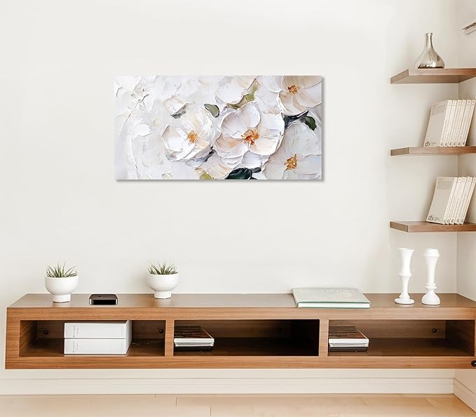 ADJUVANT Wall Art Impressionist Minimalist White Floral 40"L x 20"W, White Flowers With Subtle Tones Canvas Painting Delicate Petals Artwork Floral Wall Decor for Living Room Bedroom Bathroom Home Office