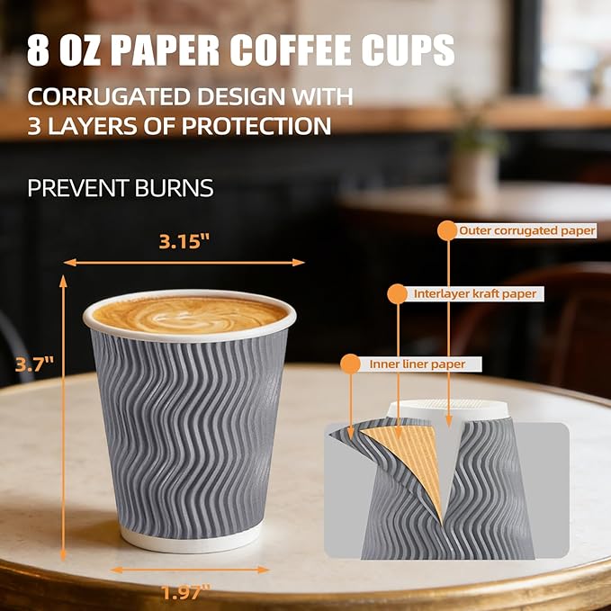 100 Pack 8 oz Coffee Cups with Lids, Disposable Insulated Hot Cups To Go Paper Coffee Cups, Corrugated Ripple Wall Cup for Hot Drink, Office, Coffee Bar (Grey 8 oz)