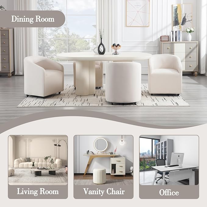 Modern Barrel Dining Chair with Rolling Casters, Upholstered Linen Swivel Dining Room Chair with Wheels for Kitchen Living Room Home Office, Beige