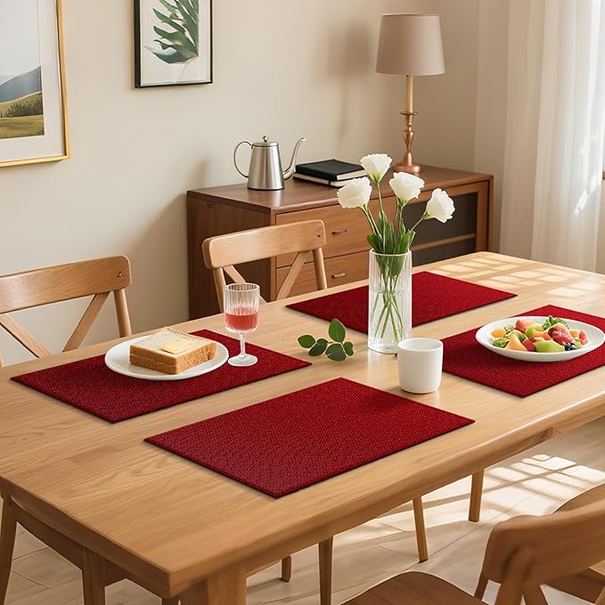 Blue Forest Placemats Set of 8, Dual-Layered Thickened Faux Line Table Mats Heat Resistant Machine Washable Wrinkle Free Place Mats for Kitchen Dining Outdoor/Indoor (Red)