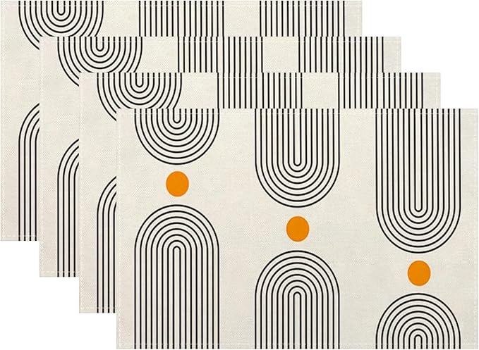 Boho Placemats 12x18 Inches Set of 4,Mid Century Black Orange Art Line Decorative Rectangle Bohemian Modern Abstract Table Mats for Party, Home Kitchen,Dining Table Decoration