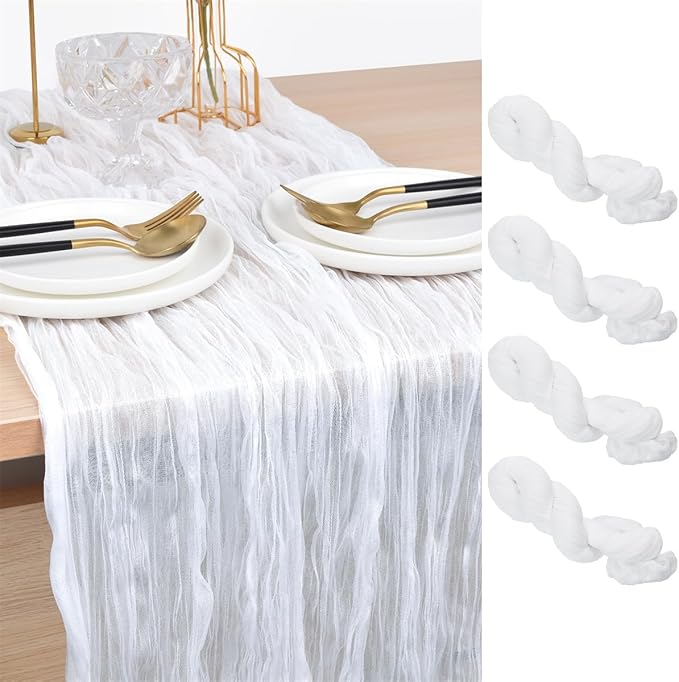Joanlody Ivory Cheesecloth Table Runner Spring Easter 10Ft Rustic Gauze Boho Cheese Cloth Table Runner for Wedding Bridal Baby Shower Decoration 4 Pack