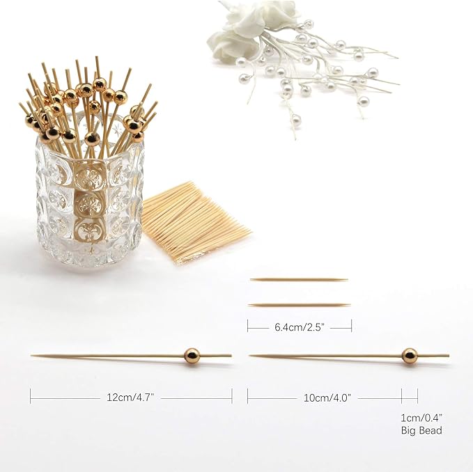 Minisland Gold Pearl Cocktail Picks, 4.7 Inch Long Bamboo Fancy Toothpicks for Appetizers, Decorative Christmas New Year Holiday Party Food Drink Garnish Fruit Kabob Skewer Sticks 100 Counts - MSL150