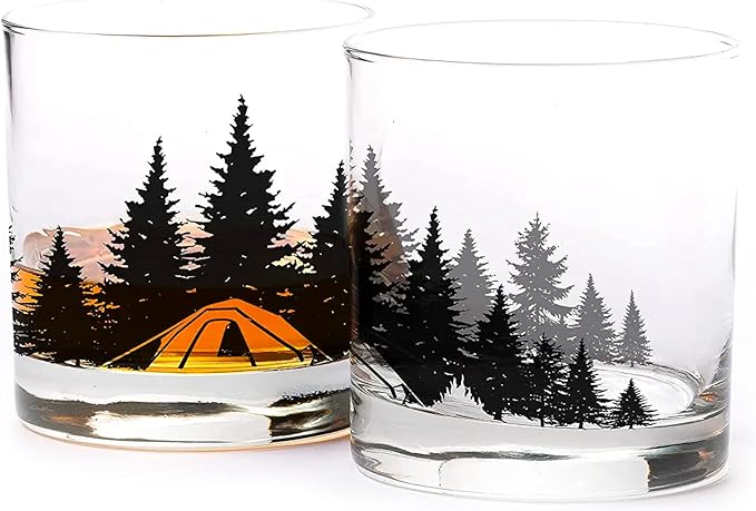 Black Lantern Camping in the Woods Whiskey Glasses – Set of 2 11oz Old Fashioned Glasses with Gift Box