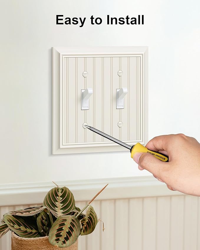 2-Pack Classic Beadboard Double Toggle Light Switch Cover Plate, Durable Natural Bamboo Fiber Decorative Switch Plate Covers, Light Almond 2 Gang Wall Plate