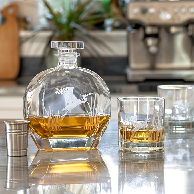 Rolf Glass Heron 3pc Whiskey Decanter Set with 2 On the Rocks Glasses and Airtight Stopper | Elegant Lead-Free Glass for Bourbon, Scotch, Liquor | Engraved in the USA | 23oz Decanter, 11oz Glasses