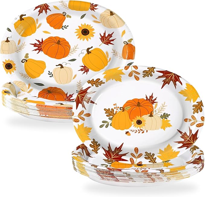 Grencian 50Pcs Fall Oval Paper Plates 10" x 12" Large Disposable Little Pumpkin Platters A Little Pumpkin Is On The Way Plates for Autumn Thanksgiving Holiday Birthday Baby Shower Party Decorations