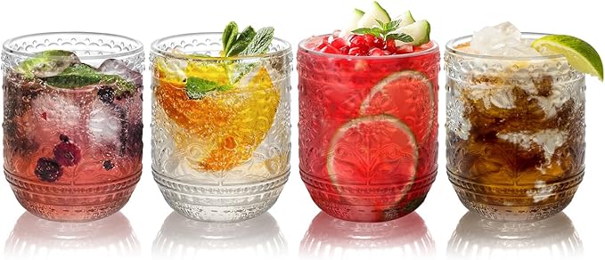 Topsky Vintage Drinking Glass Set of 4,12 oz Embossed Floral Drinkware Set,Colorful Drinking Glasses Cups Wine Glasses Colored Glassware for Whisky,Beer,Juice,Cocktail,Heavy Duty-Clear