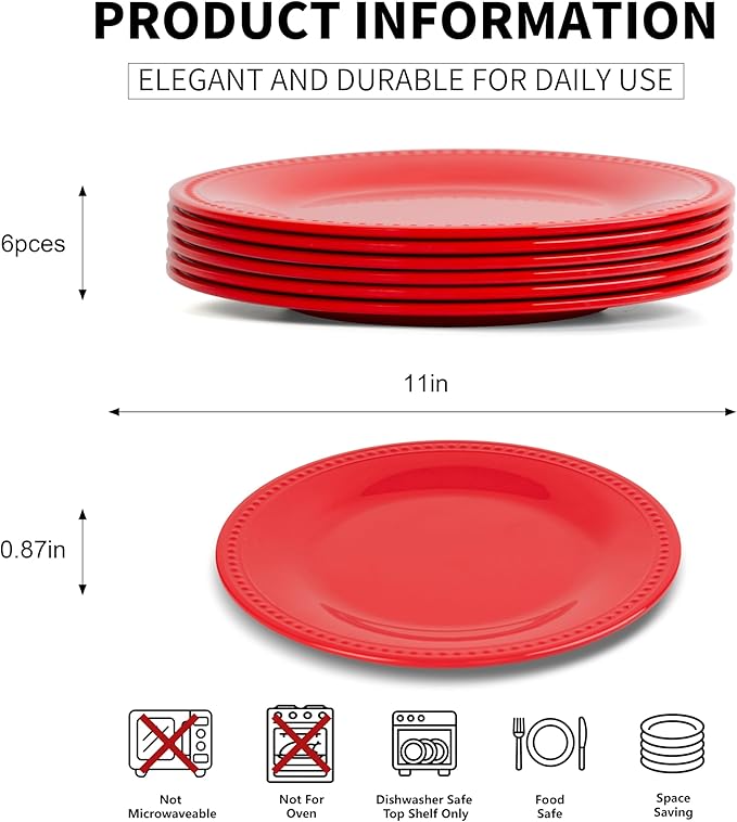 Melamine Beaded Dinner Plate Set of 6, 11inch, BPA Free, Platter, Serving Dishes, Chip & Break Resistant, Lightweight, Durable, Red Melamine Dishes Set for Valentine's Day, Weddings & Everyday Meals