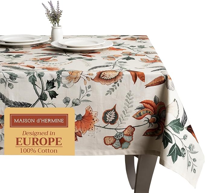 Maison d' Hermine Table Cloth Square Table 100% Cotton 54 x 54 Inches Fall Tablecloth Reusable Everyday Use for Thanksgiving Christmas Decorations Dining Farmhouse Party (Dalida)