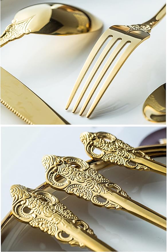 Gold Silverware Set for 14 Premium 18/10 Stainless Steel Flatware Set Palace Style 70 Piece Cutlery Tableware Utensils Embossed Decorative Handle Knives Forks and Spoons for Home Christmas Wedding