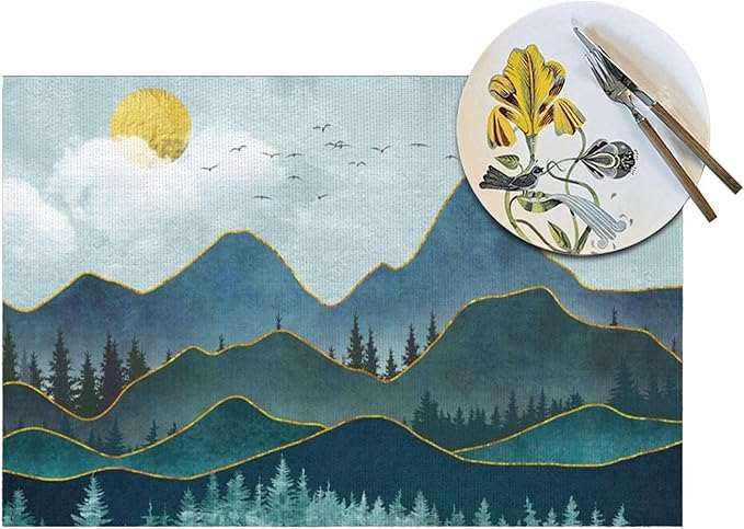 Mountain Peaks Nature Landscape Placemats Set of 4 Linen 12"x18" Washable Heat-Resistant Modern Decorative Kitchen Table Mats for Dining Outdoor Home Decor
