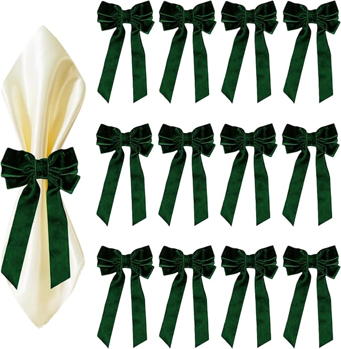 Dark Green Velvet Bow Napkin Rings Set of 12 - Luxury Soft Velvet Napkin Holders, Elegant Bow Design for Christmas Holiday Dinner Wedding Party Table Decor