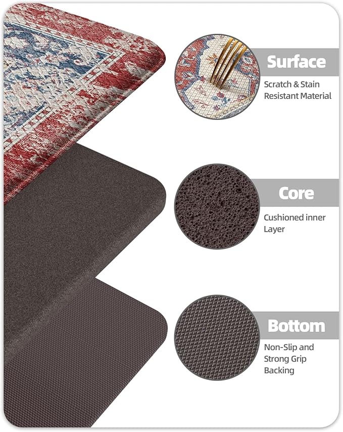 Color&Geometry Kitchen Floor Mats Anti Fatigue, Cushioned Boho Rugs,Waterproof Non Slip Kitchen Runner for Sink, Standing Mats for Office,24"x59",Red