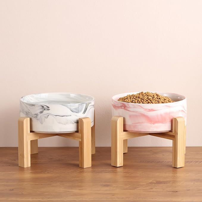 Elevated/Raised Dog Bowl Ceramic with Wood Stand for Medium Large Breed,Dog Food Water Dish Heavy Weighted, 8 in Non Slip Porcelain Pet Bowl Extra Big Marble Pink