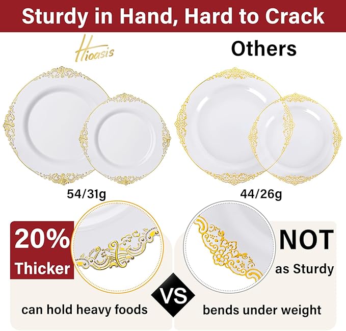 Hioasis 210pcs White and Gold Plates - White Party Plates for 30 Guest, Include 60 Heavy-duty Plates(20% Thicker Than Standard), 30 Pre Rolled Gold Plastic Silverware Set, 30 Cups
