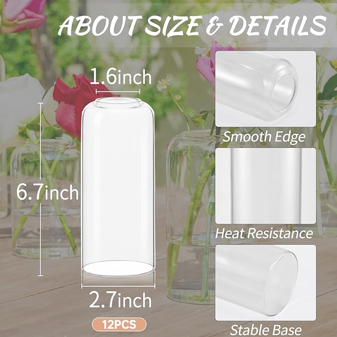 12pcs Glass Bud Vases - 6.7 Inch Tall Clear Flower Vases for Centerpieces, Glass Vase Modern Bud Vase for Wedding Party Dining Table Centerpieces, Living Room Decorative, Home Decor