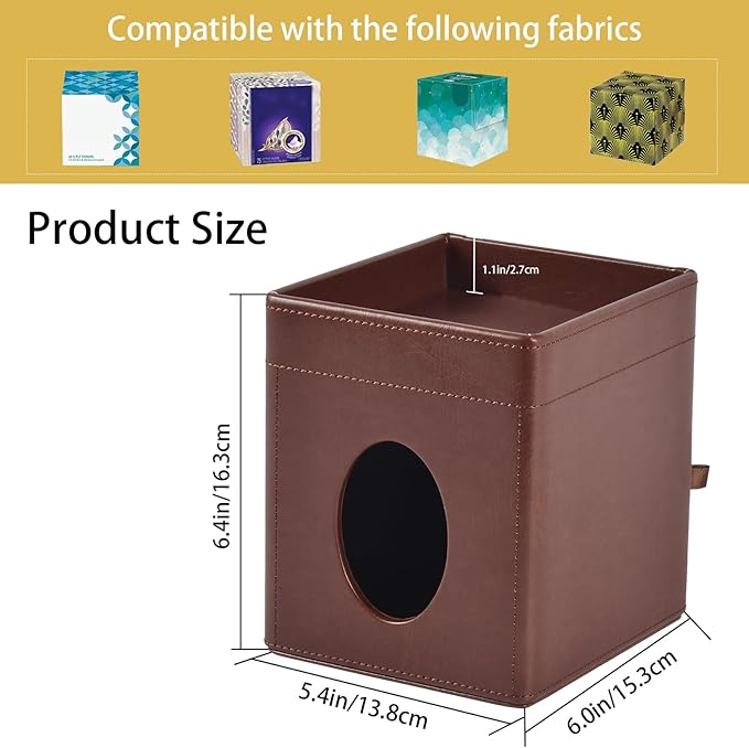 Tissue Box Cover Square Tissue Box Holder PU Leather Facial Tissues Organizer with Storage Tray for Bathroom Vanity Bedroom Office Car,Stylish Napkin Caddy Decorative Organizer (Brown)