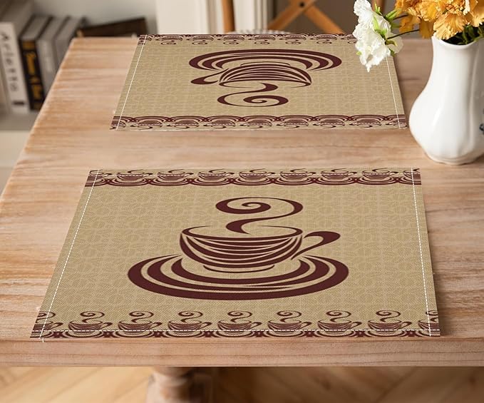 Vintage Coffee Theme Placemat Set, Minimal Rustic Farmhouse Brown Beige Geometric Coffee Cup Beans Seamless Pattern Home Decor Linen Table Mats for Dining Room Kitchen Party (17x12in) x2P