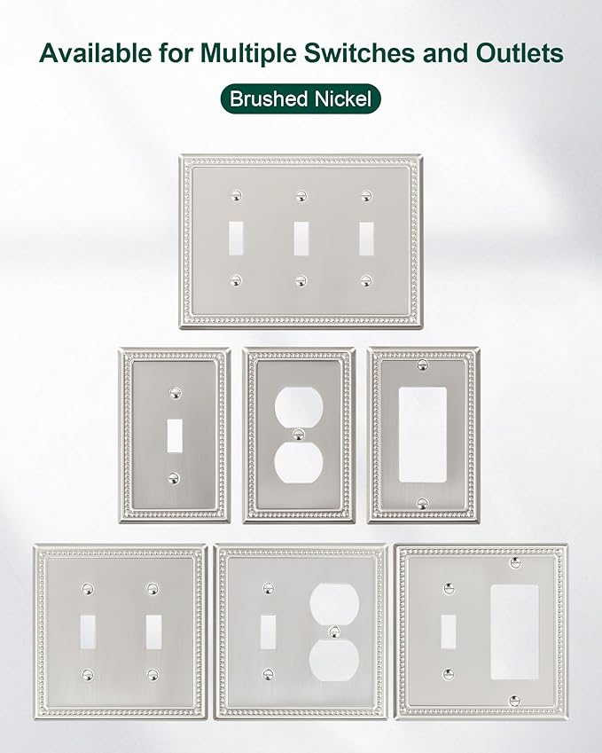 6-Pack Duplex Outlet Cover Plate, Metal Wall Plates for Electrical Outlets, Brushed Nickel 1 Gang Receptacle Cover, Pearls Decorative Switch Plates and Outlet Covers