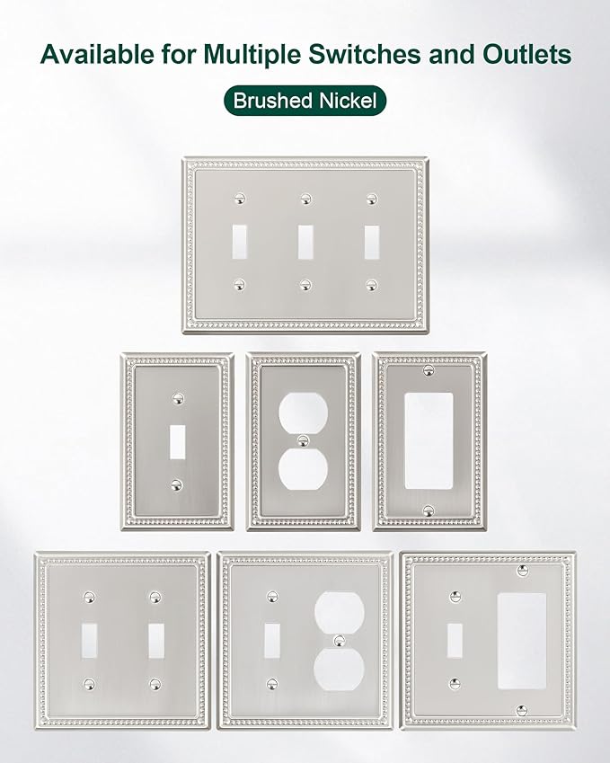 6-Pack Decorator Outlet Cover Plate, Decorative Switch Plates and Outlet Covers, Brushed Nickel Metal Wall Plates for Electrical Outlets, Receptacle, GFCI Outlet, Dimmer Switch